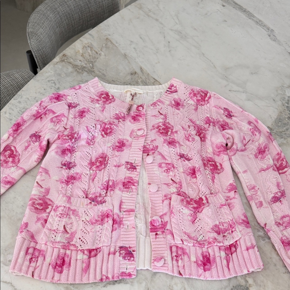 LoveShackFancy Pink Floral Knit Cardigan